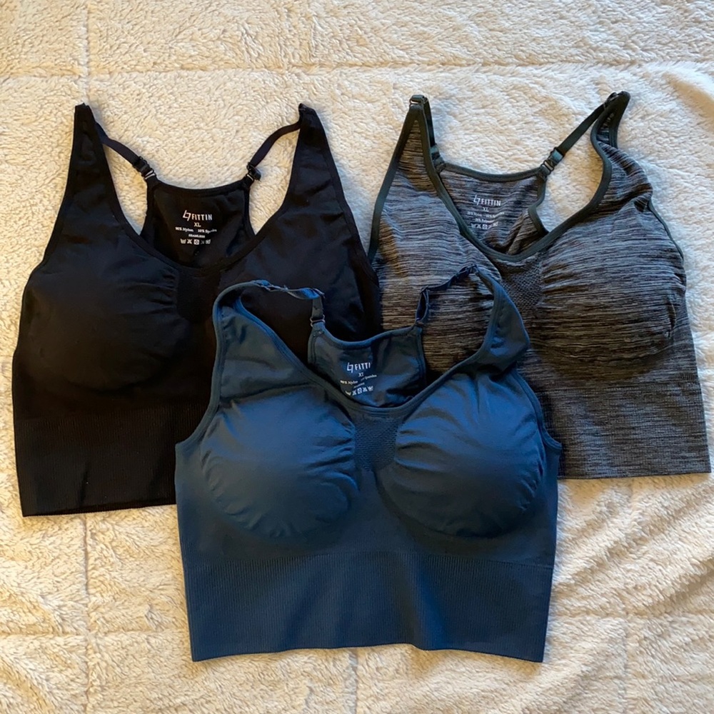 3 Brand new! XL sport bras with removable cups (blue, black, gray)
